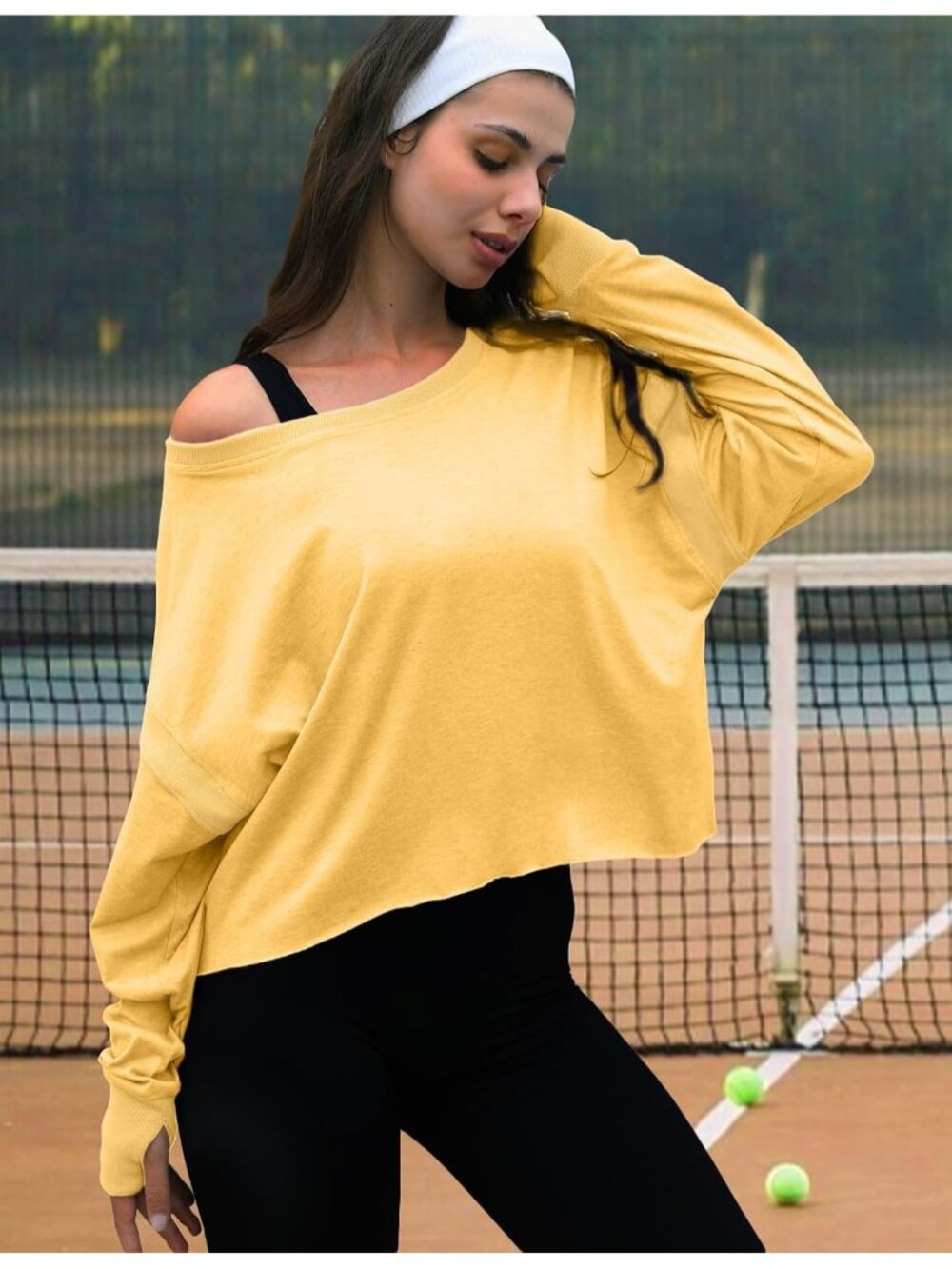Women's Yellow Long Sleeve Cropped Top Athletic Clothes Running Workout T Shirts - Picture 4 of 5